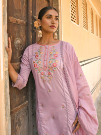Thumbnail for Janasya Women's Mauve Poly Silk Floral Embroidery Kurta With Pant And Dupatta - Distacart