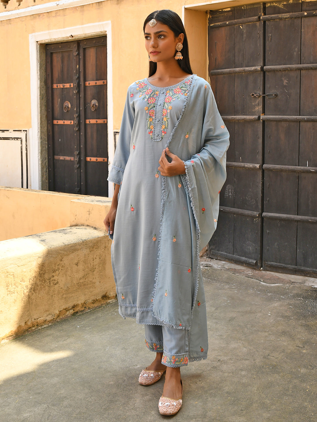 Janasya Women's Mint Blue Poly Silk Floral Embroidery Kurta With Pant And Dupatta - Distacart