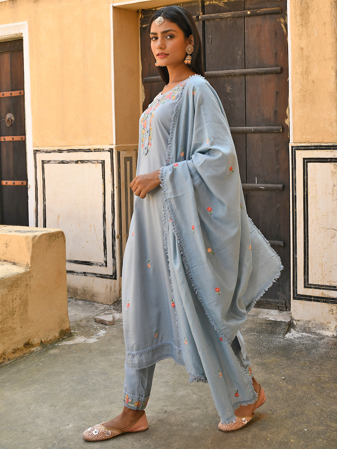Janasya Women's Mint Blue Poly Silk Floral Embroidery Kurta With Pant And Dupatta - Distacart
