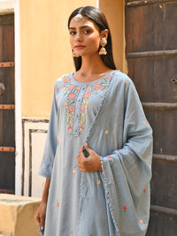 Thumbnail for Janasya Women's Mint Blue Poly Silk Floral Embroidery Kurta With Pant And Dupatta - Distacart