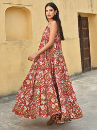 Thumbnail for Janasya Women's Red Cotton Floral Print Tiered Western Dress - Distacart