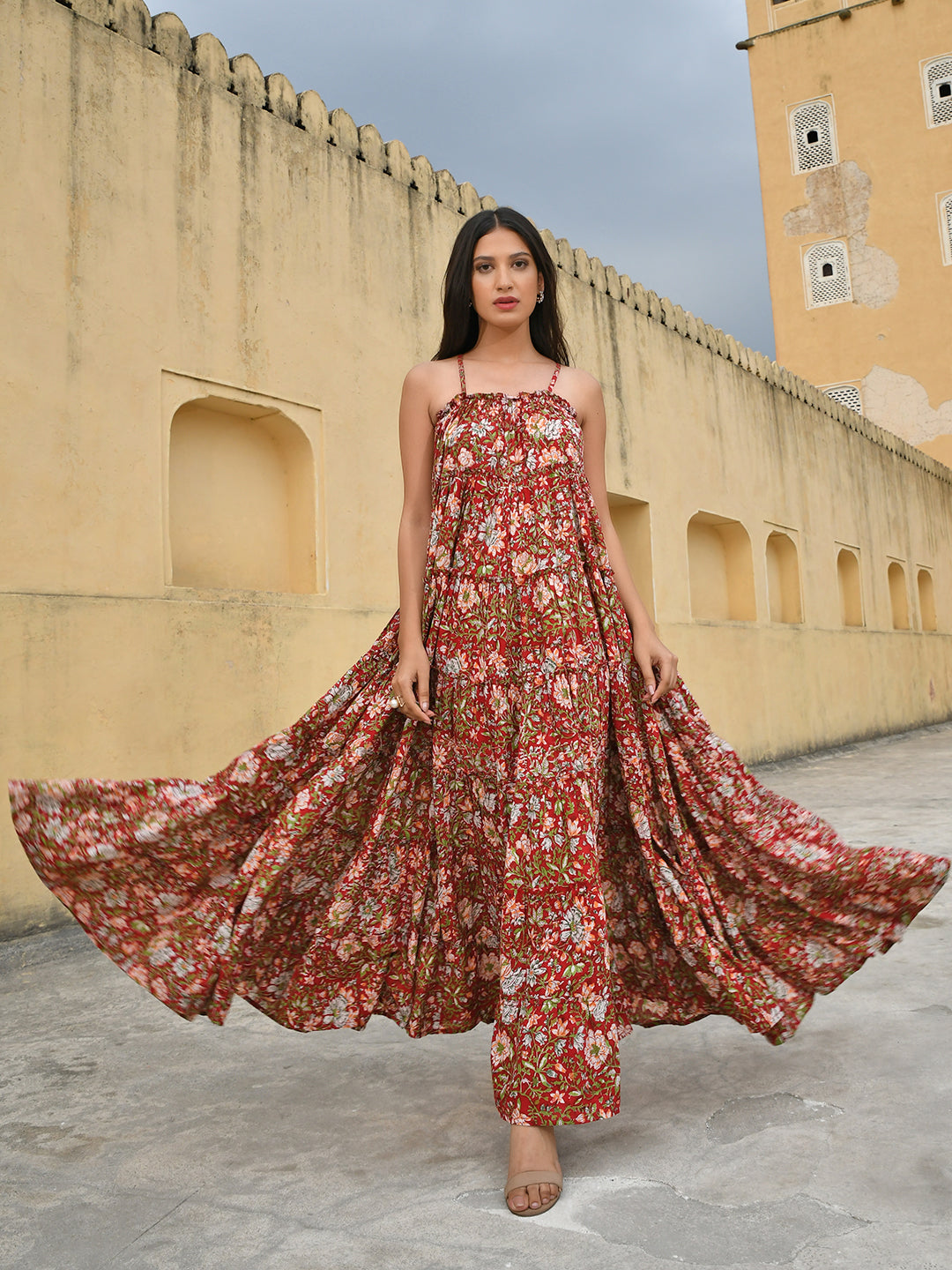 Janasya Women's Red Cotton Floral Print Tiered Western Dress - Distacart