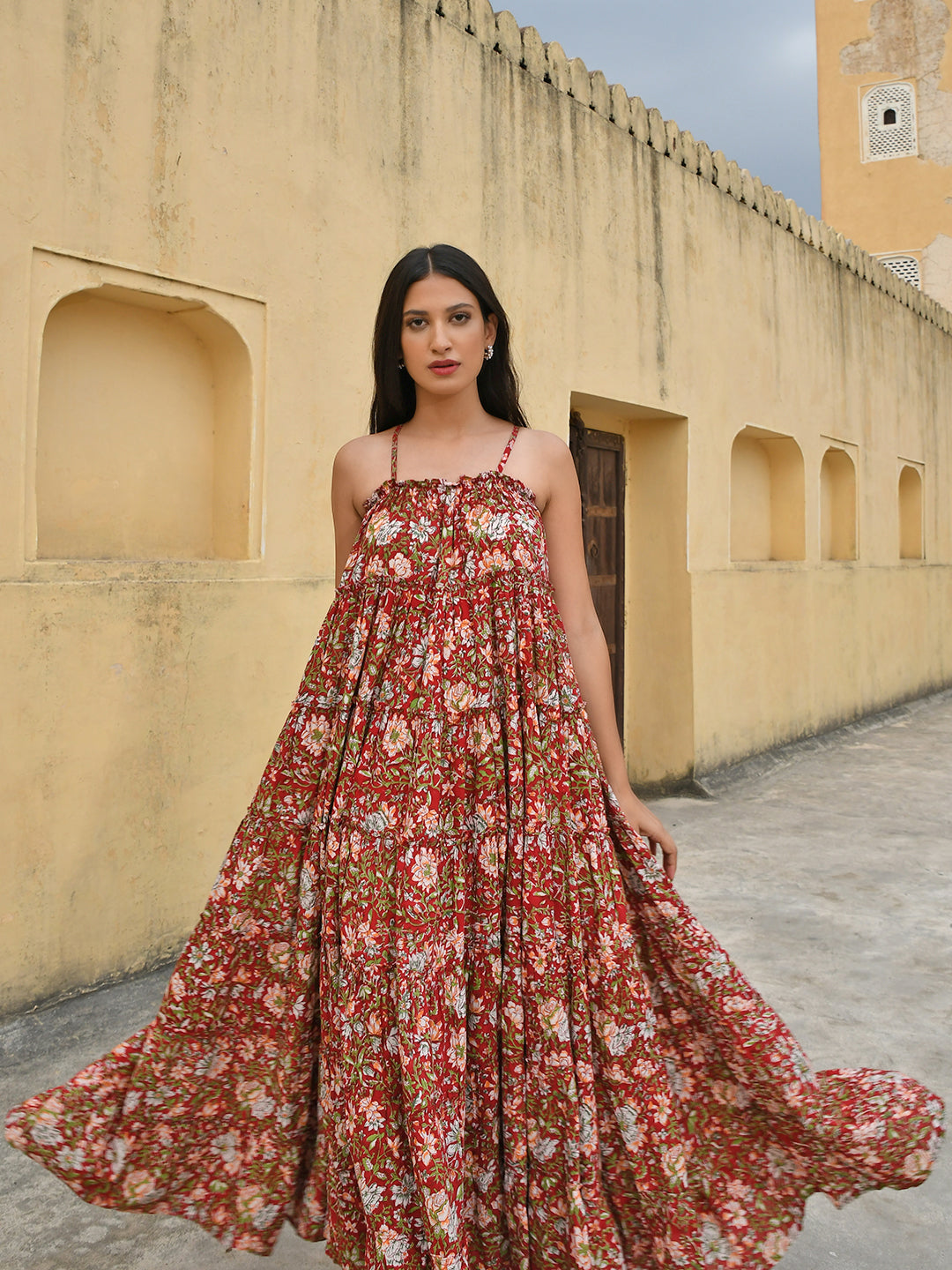 Janasya Women's Red Cotton Floral Print Tiered Western Dress - Distacart