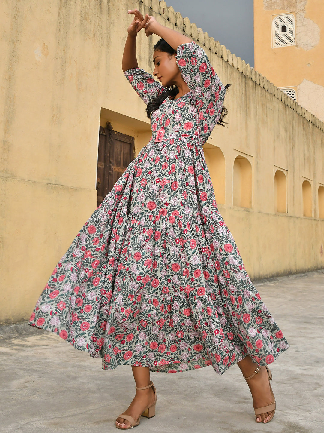 Janasya Women's Pastel Green Cotton Floral Print Tiered Western Dress - Distacart