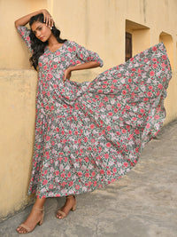 Thumbnail for Janasya Women's Pastel Green Cotton Floral Print Tiered Western Dress - Distacart