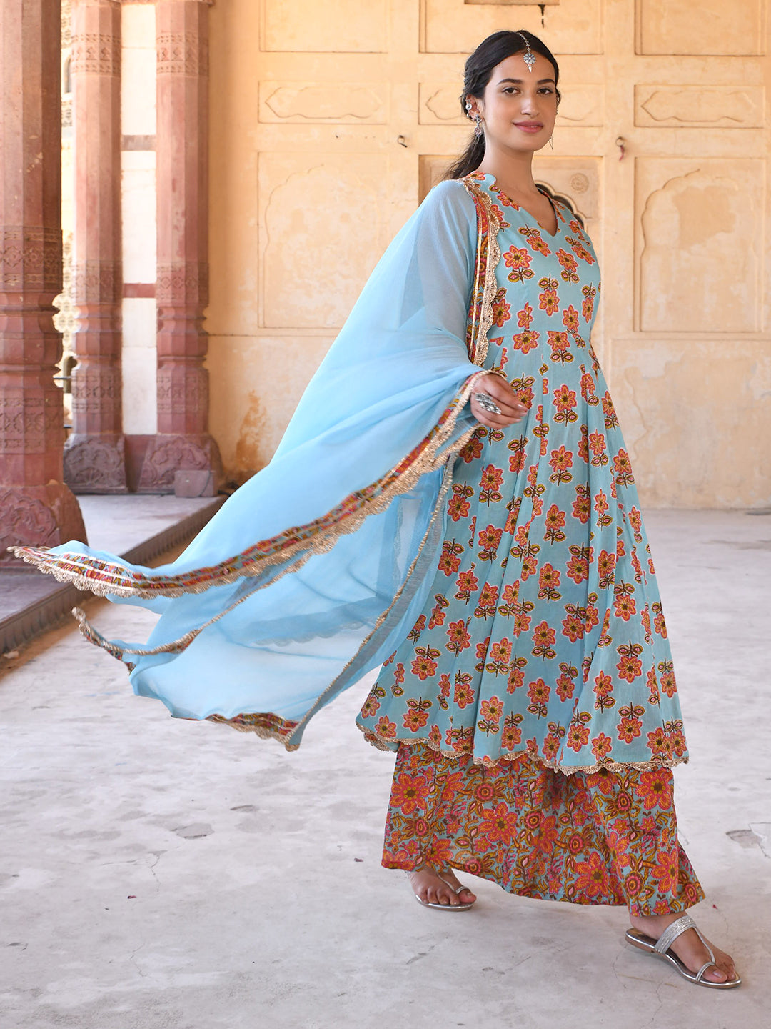 Janasya Women's Mint Blue Cotton Floral Print Kurta With Palazzo And Dupatta - Distacart