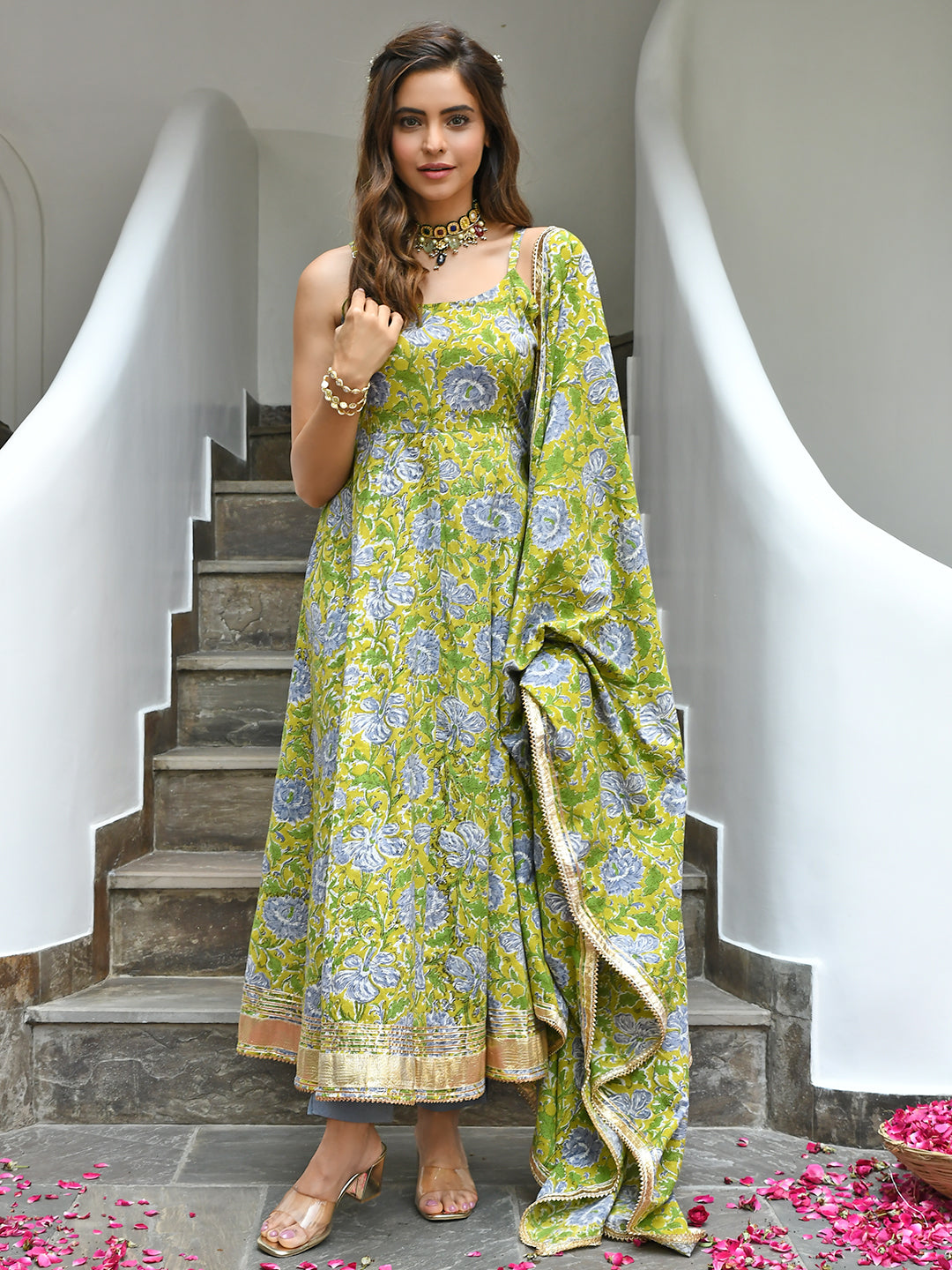 Janasya Women's Mustard Cotton Printed Kurta With Pant And Dupatta - Distacart