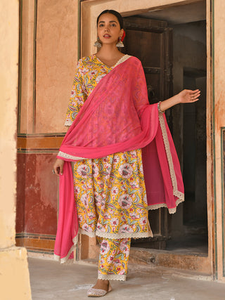 Janasya Women's Yellow Cotton Floral Print Kurta With Palazzo And Dupatta - Distacart