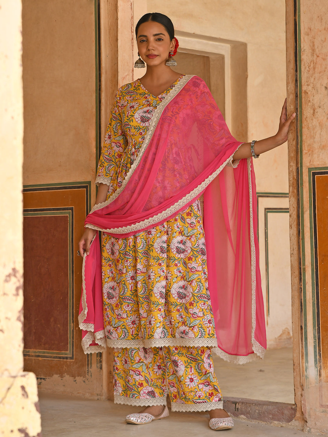 Janasya Women's Yellow Cotton Floral Print Kurta With Palazzo And Dupatta - Distacart