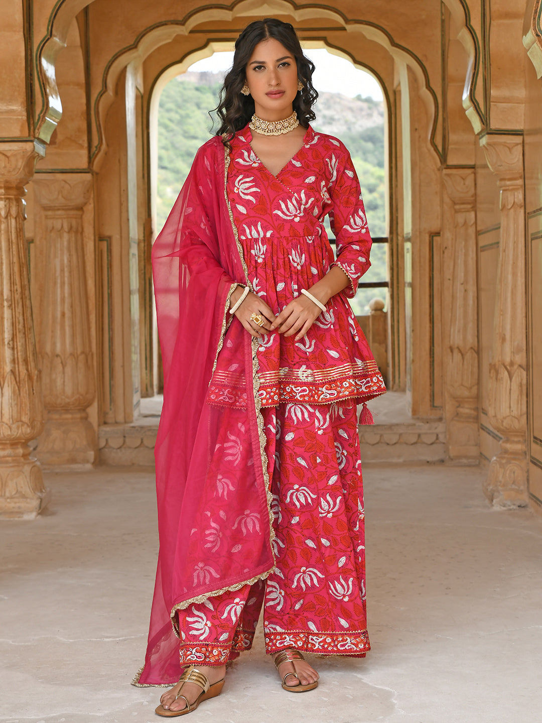 Janasya Women's Pink Cotton Floral Block Print Short Kurta With Sharara And Dupatta - Distacart
