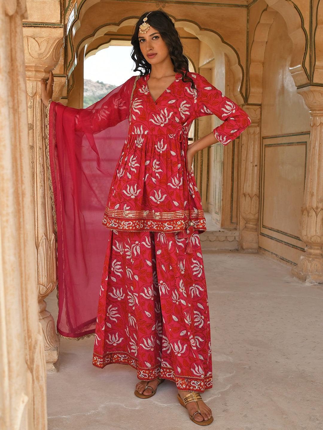 Janasya Women's Pink Cotton Floral Block Print Short Kurta With Sharara And Dupatta - Distacart