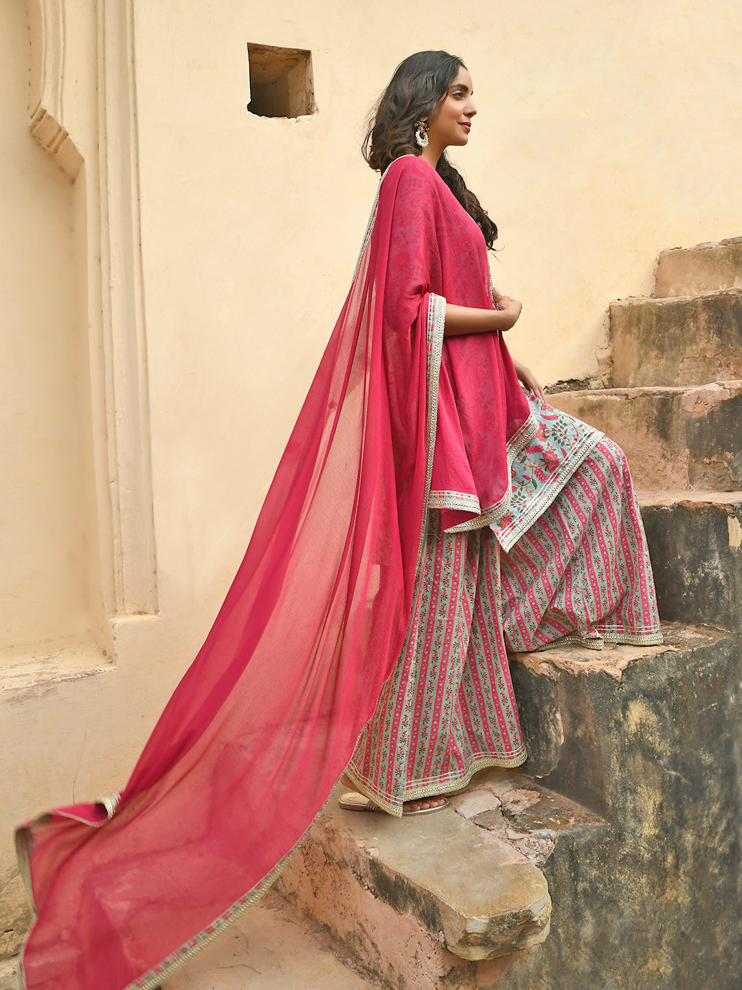 Janasya Women's Sea Green Cotton Floral Block Print Kurta With Palazzo And Dupatta - Distacart