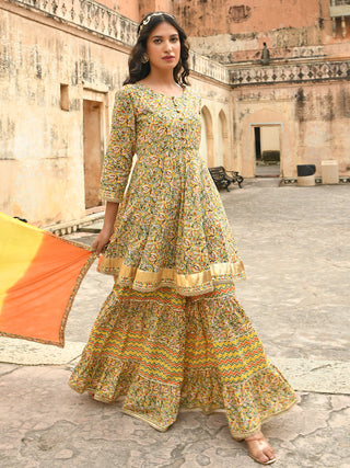 Janasya Women's Light Green Cotton Floral Block Print Kurta With Gharara And Dupatta - Distacart