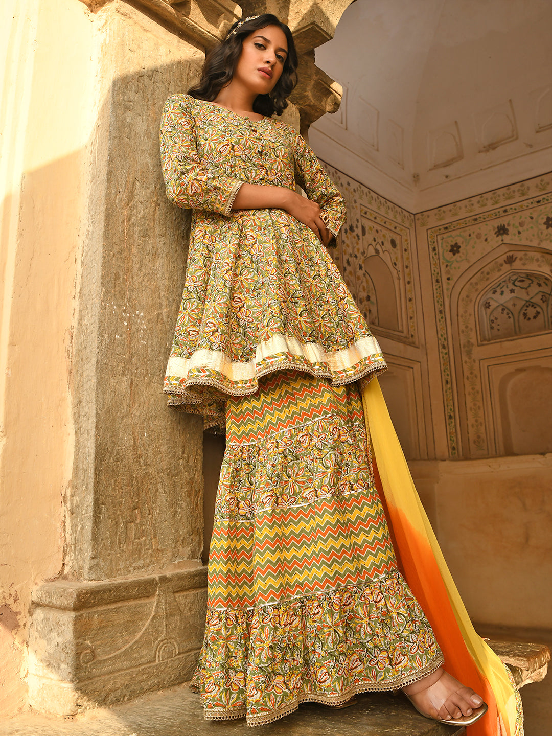 Janasya Women's Light Green Cotton Floral Block Print Kurta With Gharara And Dupatta - Distacart