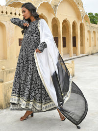Thumbnail for Janasya Women's Black Cotton Floral Print Kurta With Palazzo And Dupatta - Distacart