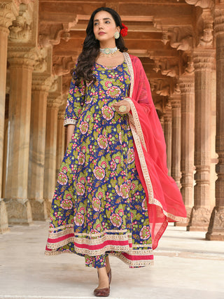 Janasya Women's Blue Cotton Floral Block Print Kurta With Pant And Dupatta - Distacart
