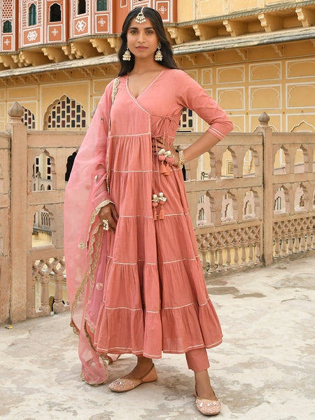 Janasya Women's Dusty Rose Cotton Embellished Kurta With Pant And Dupatta - Distacart