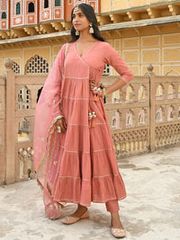 Thumbnail for Janasya Women's Dusty Rose Cotton Embellished Kurta With Pant And Dupatta - Distacart