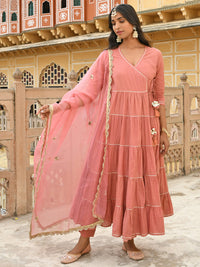 Thumbnail for Janasya Women's Dusty Rose Cotton Embellished Kurta With Pant And Dupatta - Distacart