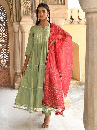 Janasya Women's Pastel Green Cotton Solid Kurta With Pant And Dupatta - Distacart