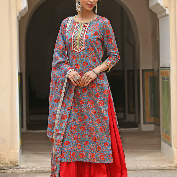 Janasya Women's Sky Blue Cotton Floral Block Print Kurta With Gharara And Dupatta - Distacart