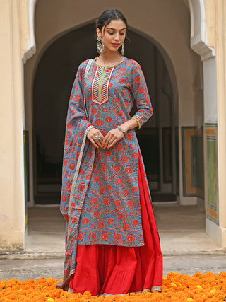 Janasya Women's Sky Blue Cotton Floral Block Print Kurta With Gharara And Dupatta - Distacart
