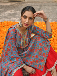 Thumbnail for Janasya Women's Sky Blue Cotton Floral Block Print Kurta With Gharara And Dupatta - Distacart