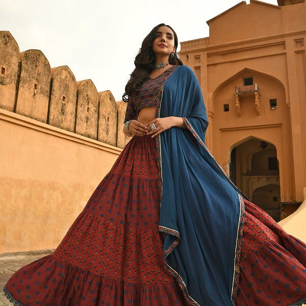 Janasya Women's Maroon Cotton Block Print Lehenga Choli With Dupatta - Distacart