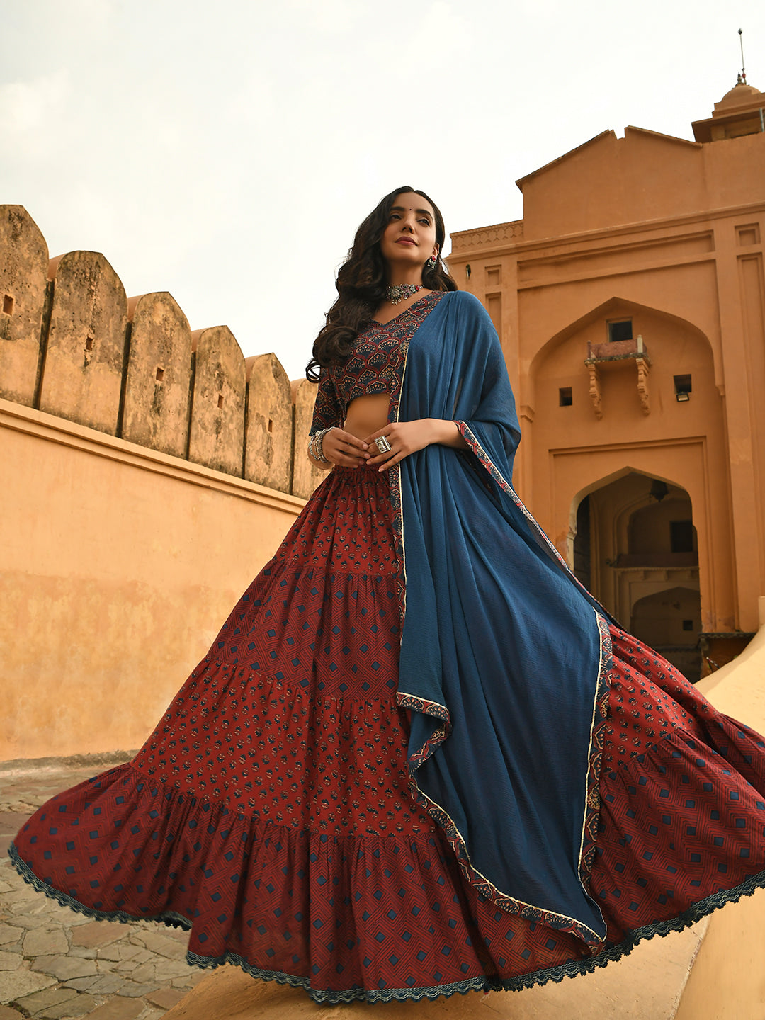 Janasya Women's Maroon Cotton Block Print Lehenga Choli With Dupatta - Distacart
