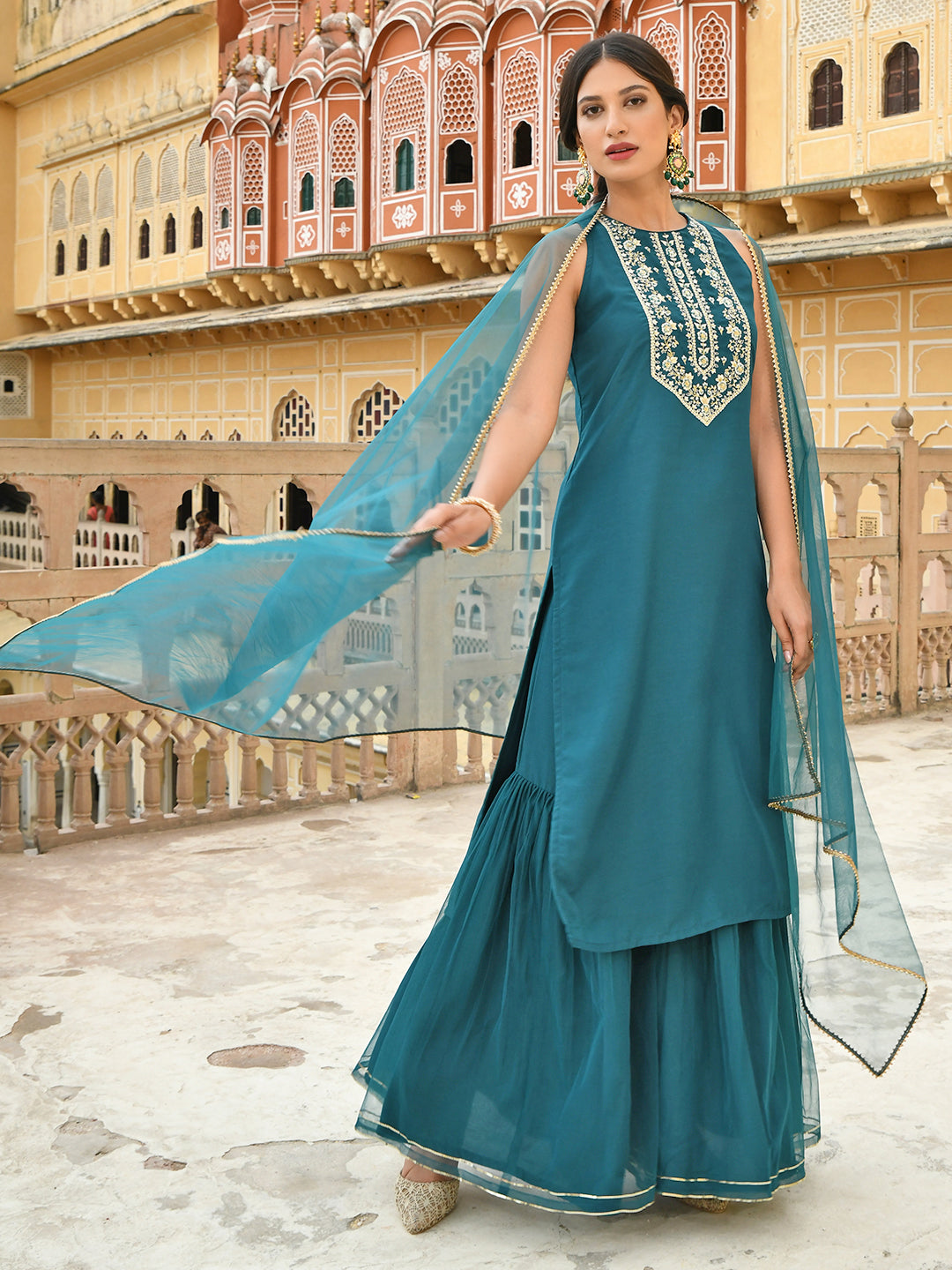 Janasya Women's Teal Green Poly Silk Embroidered Kurta With Sharara And Dupatta - Distacart