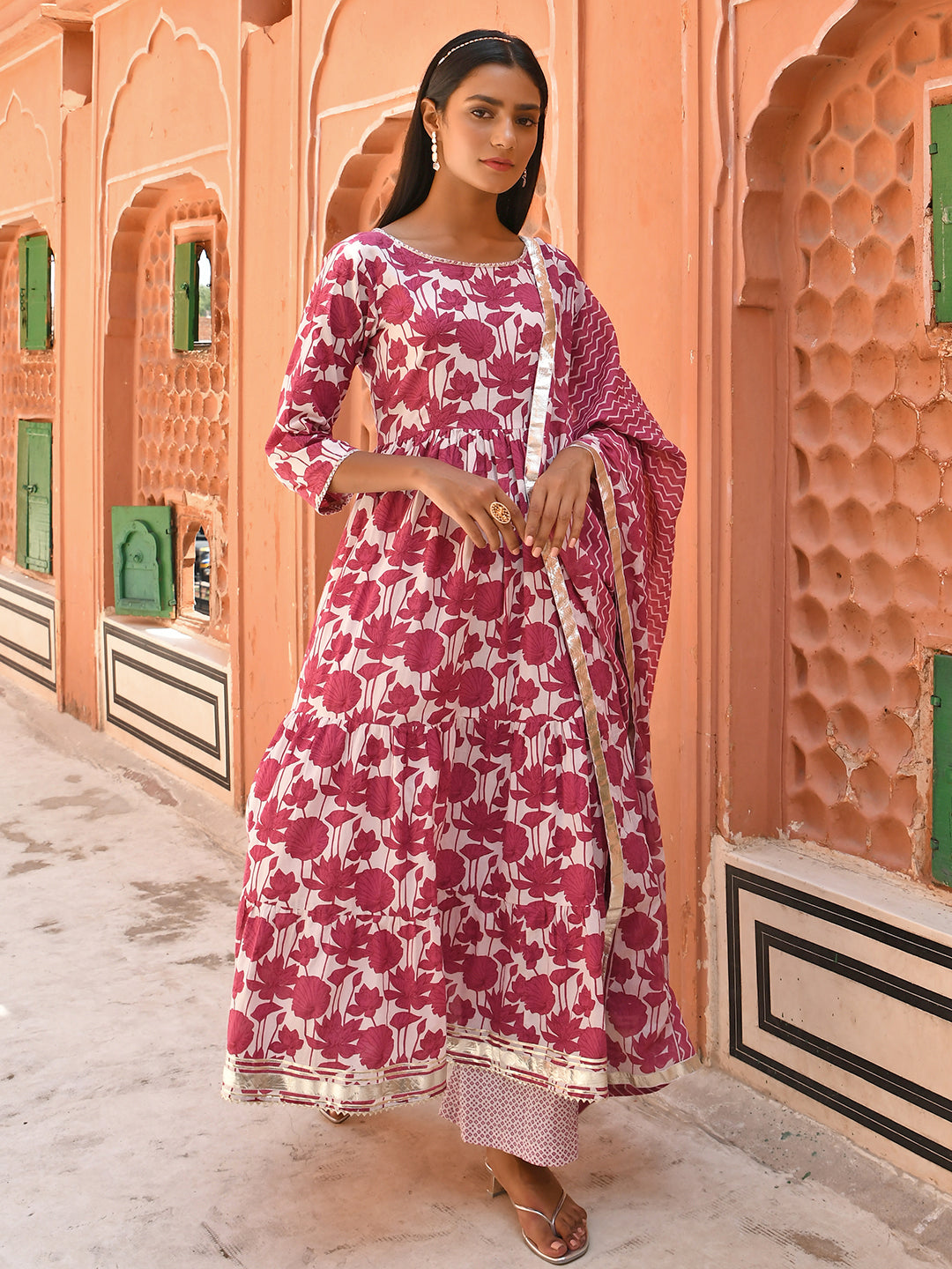 Janasya Women's White Cotton Floral Print Kurta With Palazzo And Dupatta - Distacart