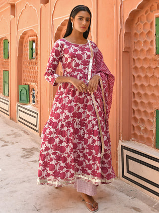 Janasya Women's White Cotton Floral Print Kurta With Palazzo And Dupatta - Distacart