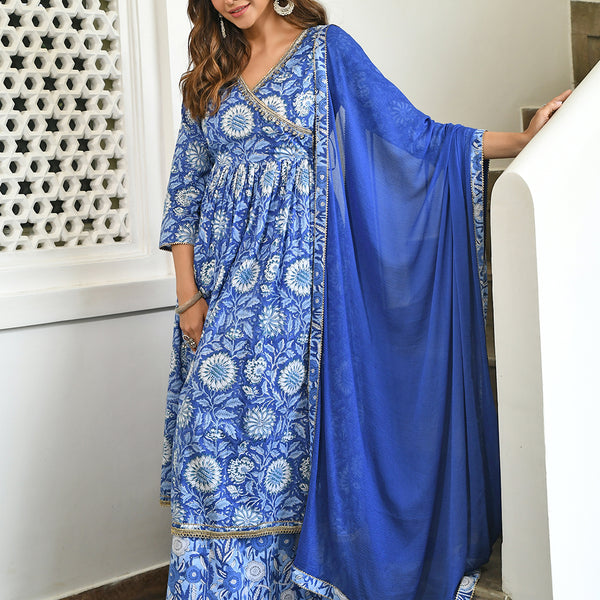 Janasya Women's Blue Cotton Floral Block Print Kurta With Flared Palazzo And Dupatta - Distacart
