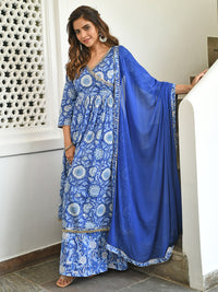 Thumbnail for Janasya Women's Blue Cotton Floral Block Print Kurta With Flared Palazzo And Dupatta - Distacart