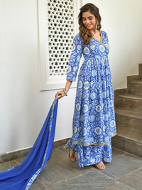 Thumbnail for Janasya Women's Blue Cotton Floral Block Print Kurta With Flared Palazzo And Dupatta - Distacart