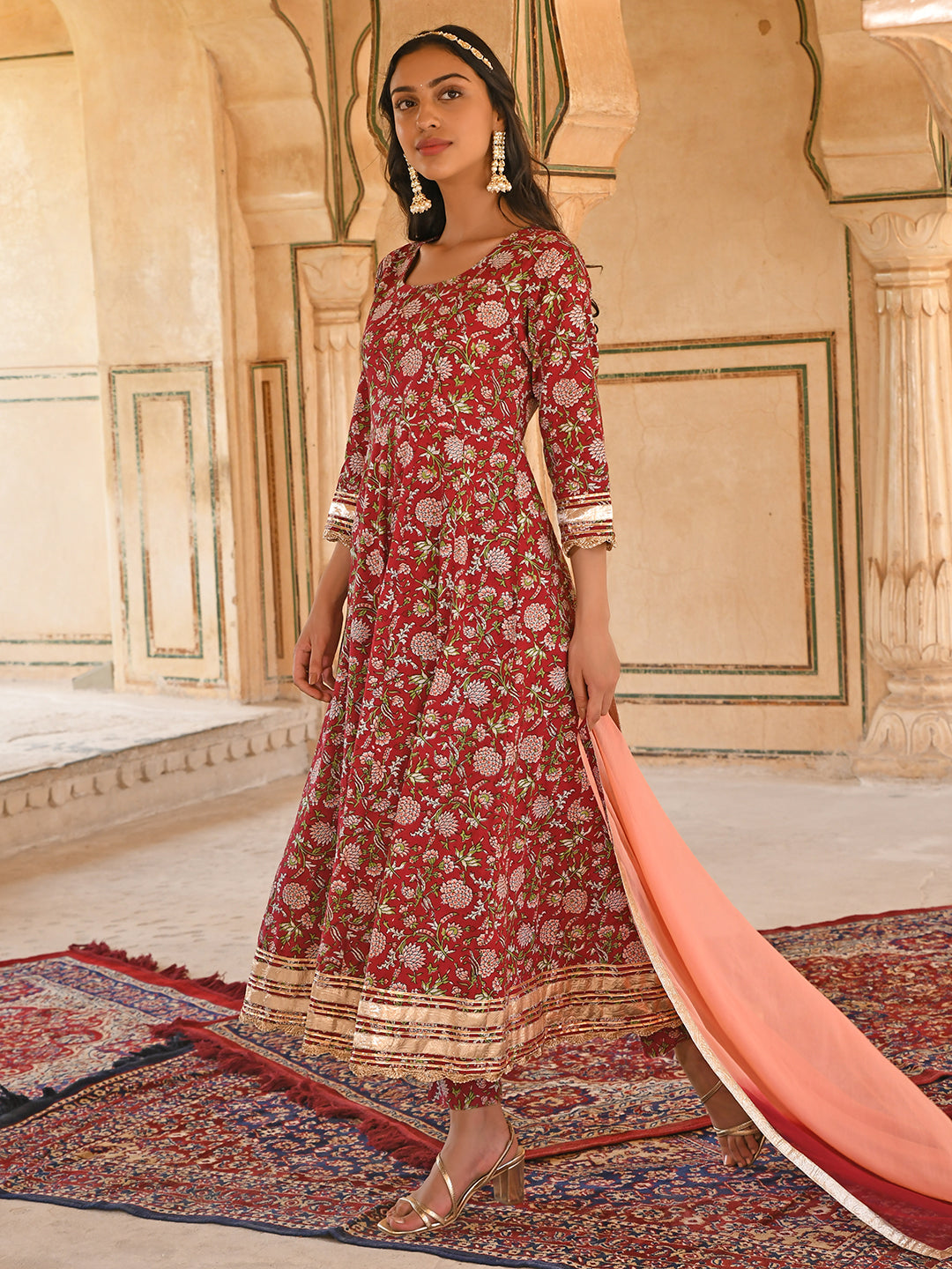 Janasya Women's Maroon Cotton Floral Block Print Kurta With Pant And Dupatta - Distacart