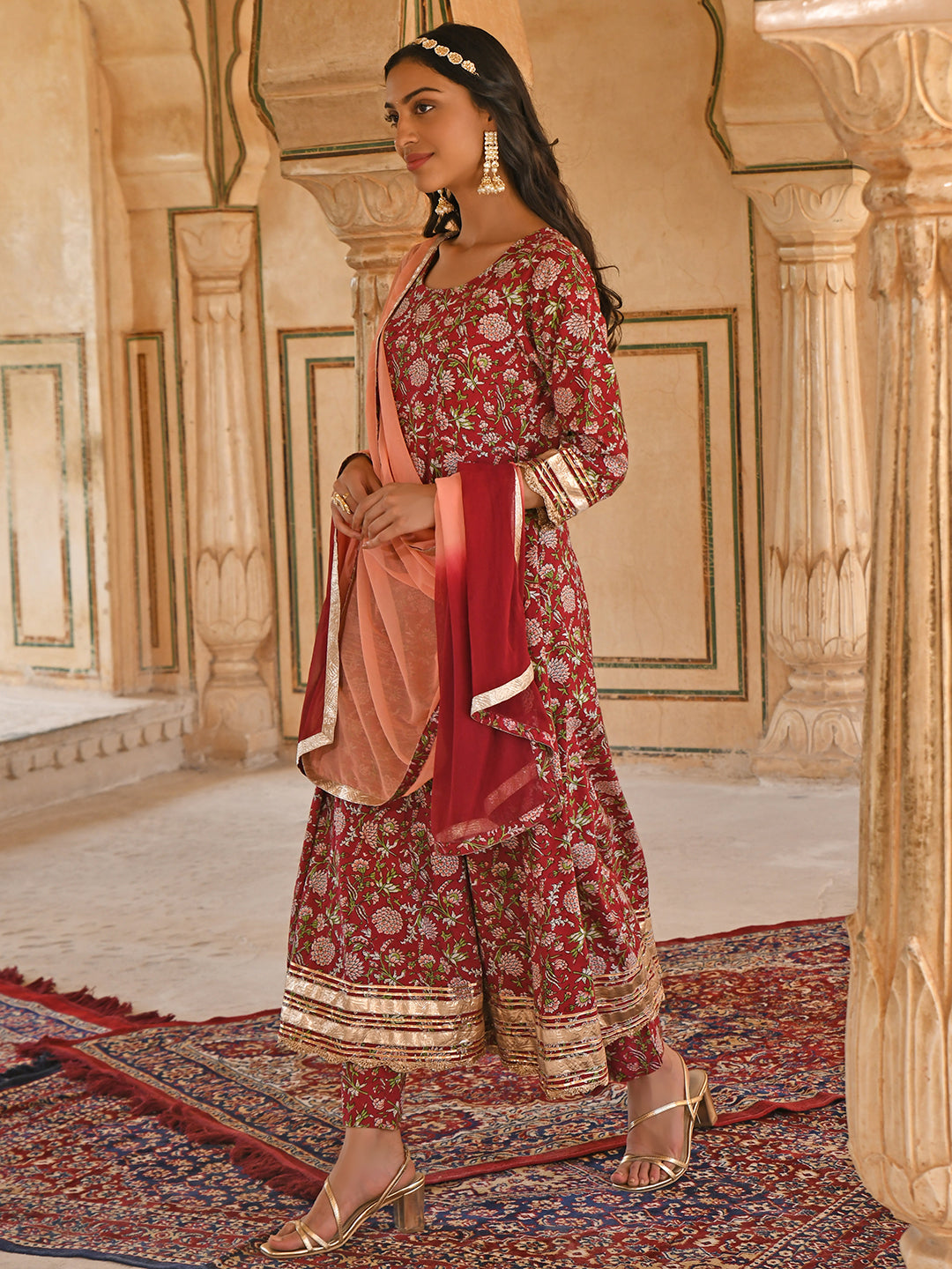 Janasya Women's Maroon Cotton Floral Block Print Kurta With Pant And Dupatta - Distacart