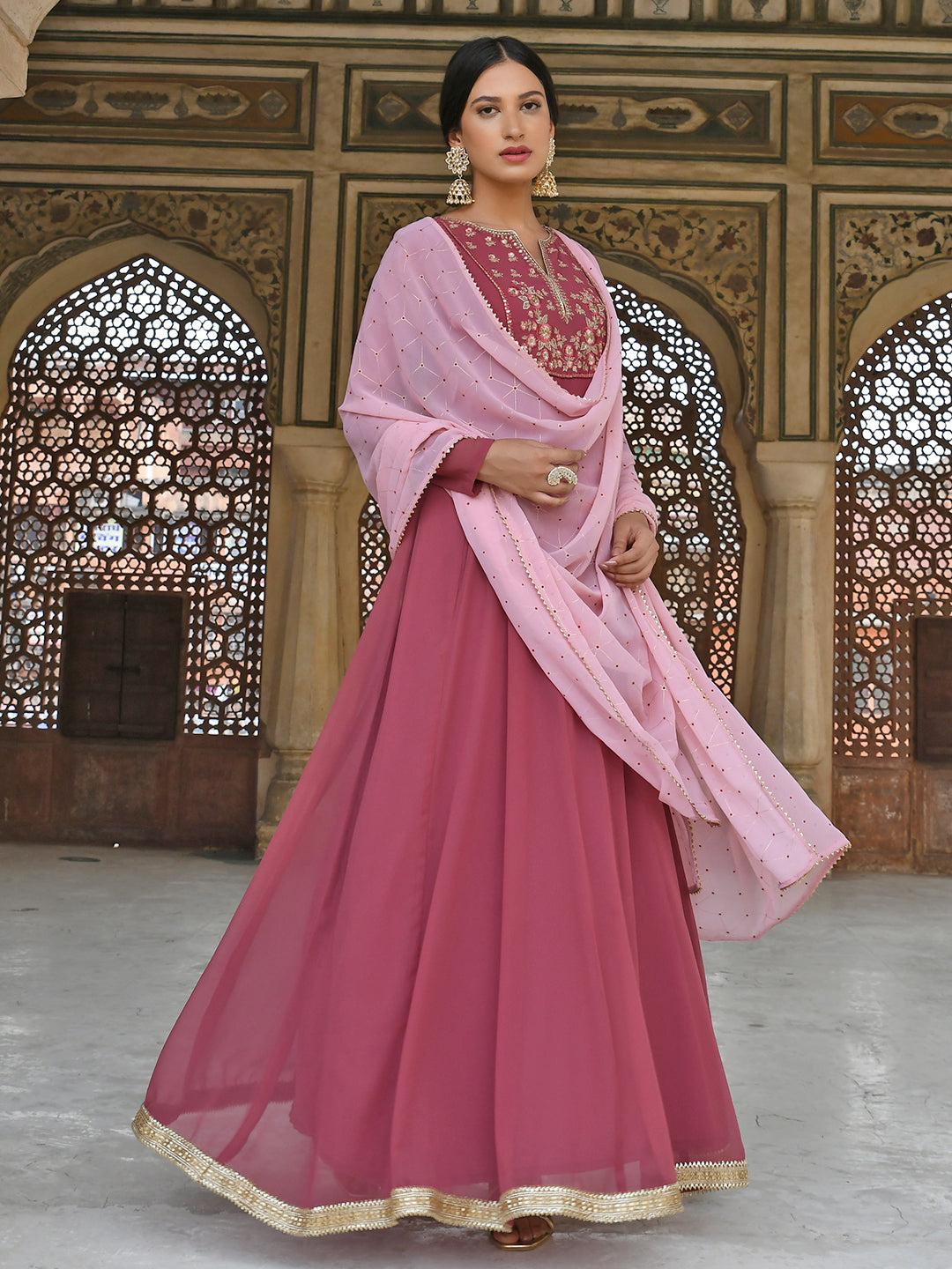 Janasya Women's Old Rose Georgette Embroidered Kurta With Dupatta - Distacart