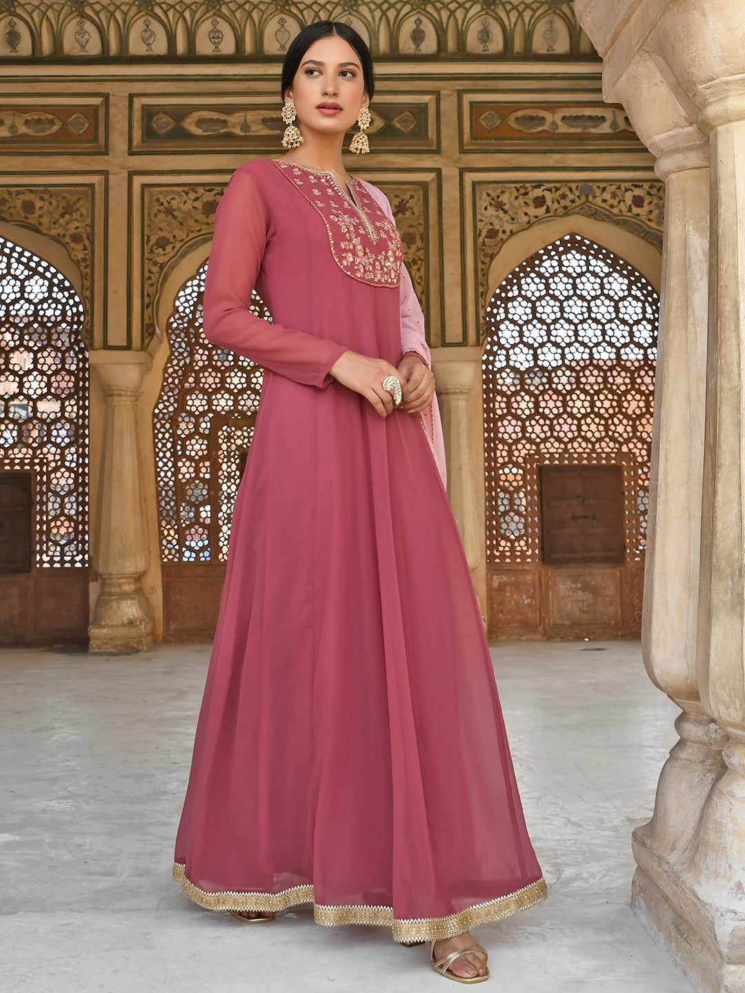 Janasya Women's Old Rose Georgette Embroidered Kurta With Dupatta - Distacart