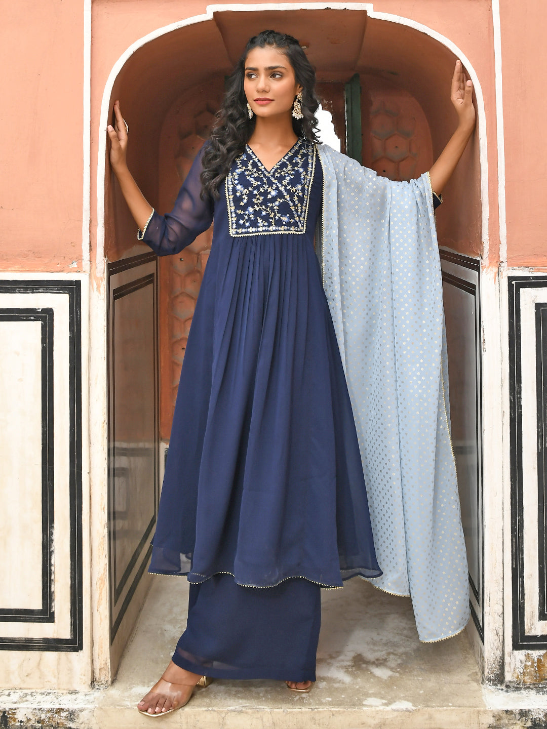 Janasya Women's Navy Blue Georgette Embroidered Kurta With Flared Palazzo And Dupatta - Distacart