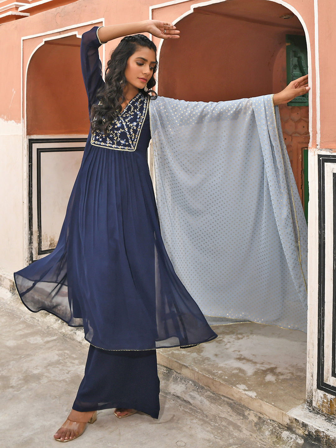 Janasya Women's Navy Blue Georgette Embroidered Kurta With Flared Palazzo And Dupatta - Distacart