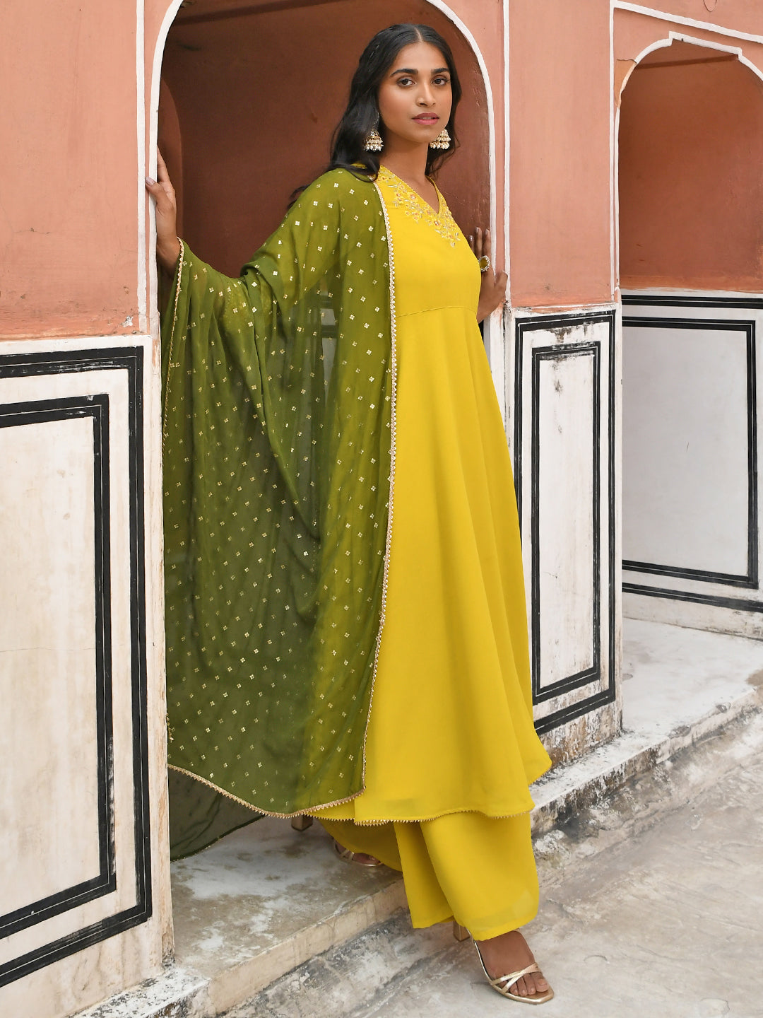 Janasya Women's Yellow Georgette Solid Kurta With Palazzo And Dupatta - Distacart