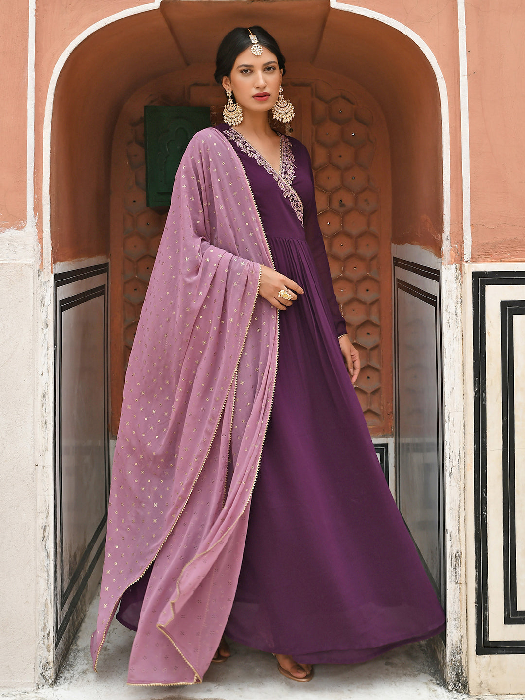 Janasya Women's Wine Georgette Solid Kurta With Dupatta - Distacart