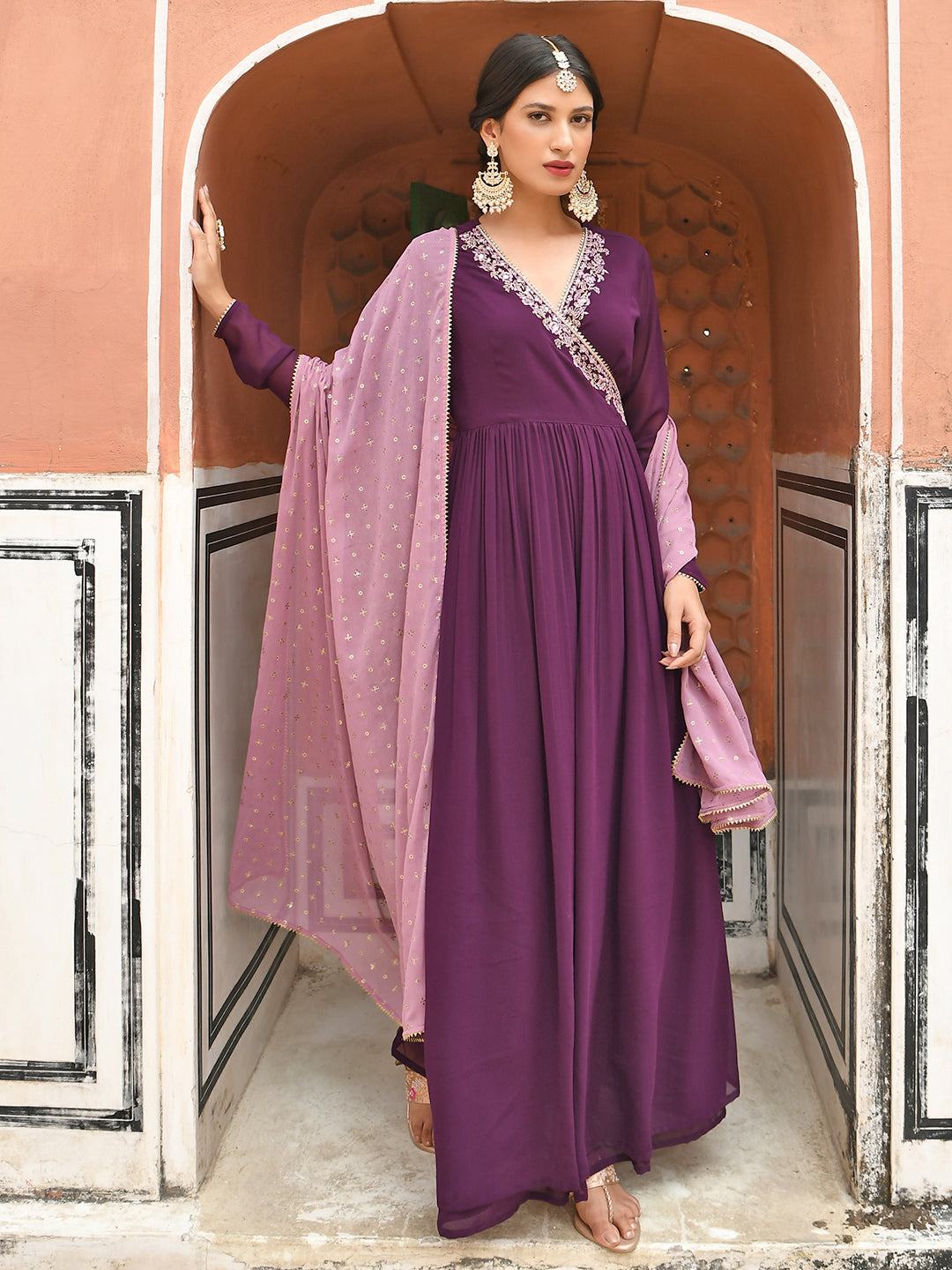 Janasya Women's Wine Georgette Solid Kurta With Dupatta - Distacart