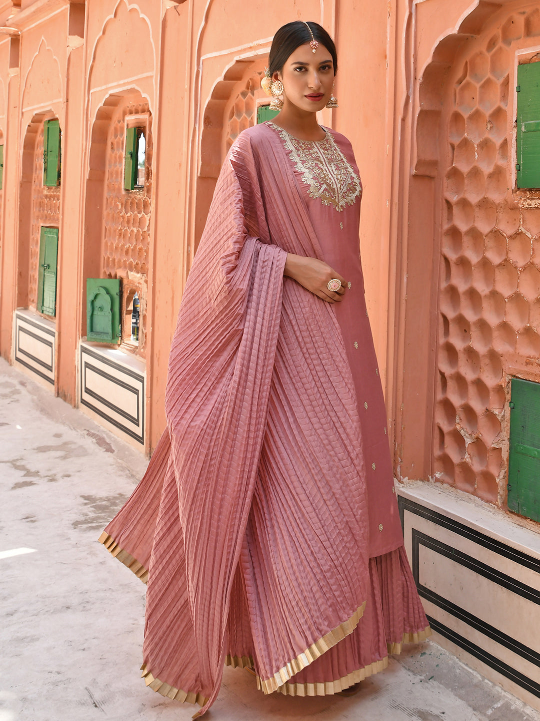 Janasya Women's Old Rose Chinon Embroidered Kurta With Skirt And Dupatta - Distacart