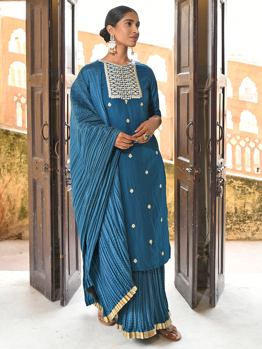 Janasya Women's Teal Blue Chinon Embroidered Kurta With Skirt And Dupatta - Distacart