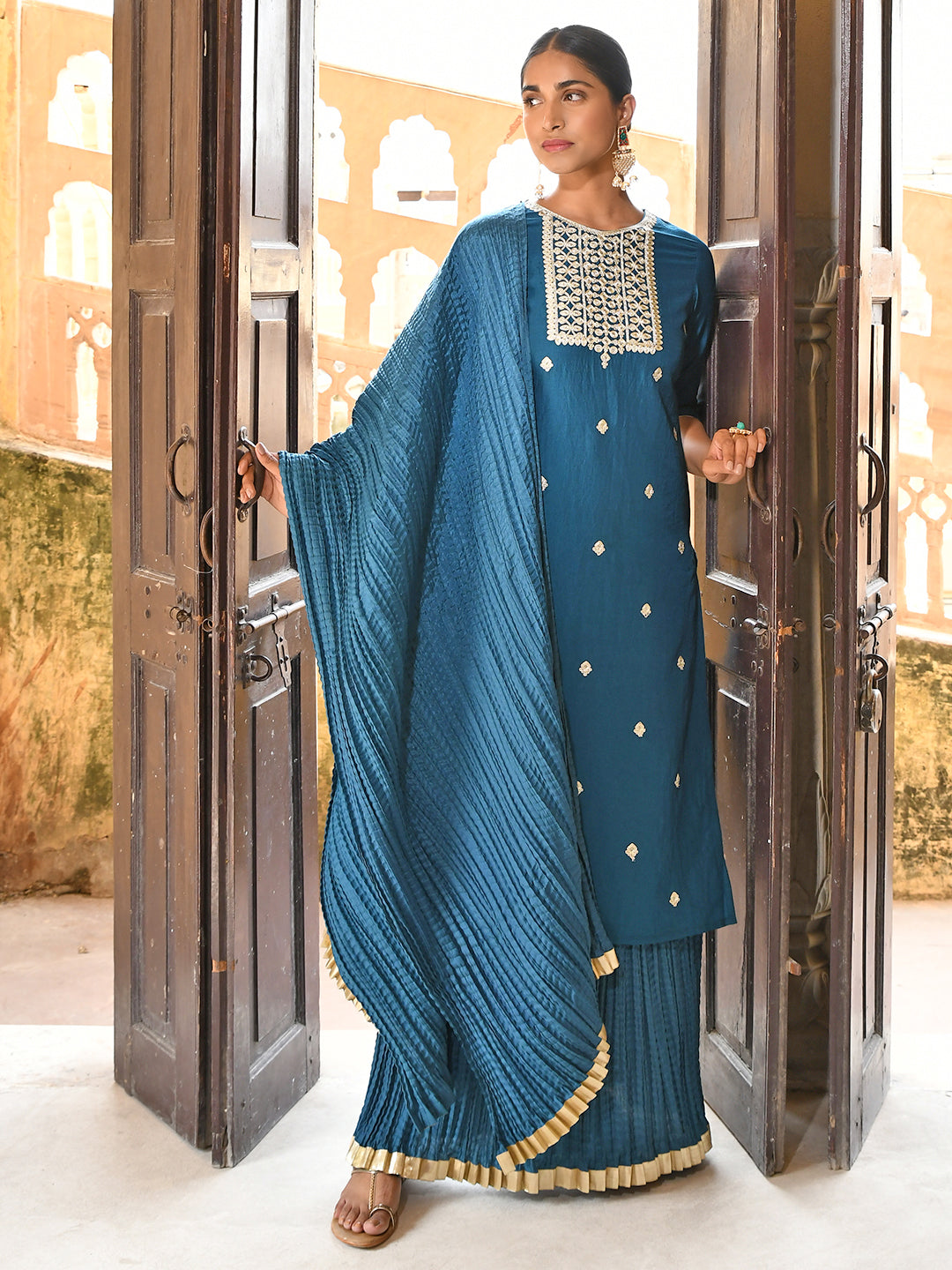 Janasya Women's Teal Blue Chinon Embroidered Kurta With Skirt And Dupatta - Distacart