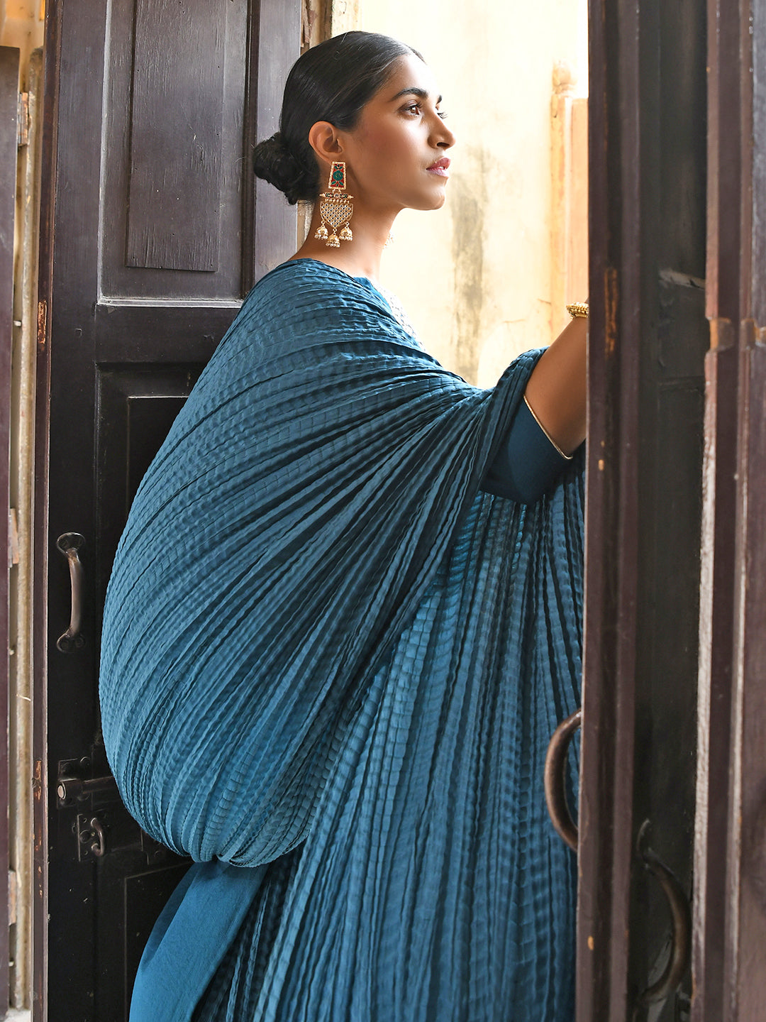 Janasya Women's Teal Blue Chinon Embroidered Kurta With Skirt And Dupatta - Distacart