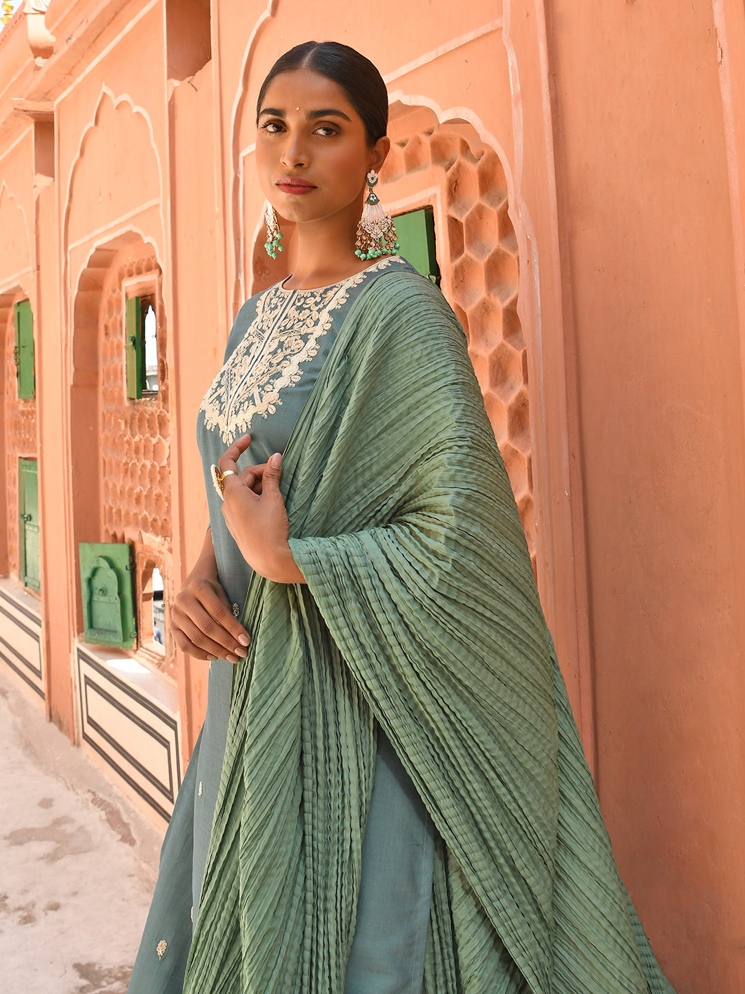 Janasya Women's Green Chinon Embroidered Kurta With Skirt And Dupatta - Distacart