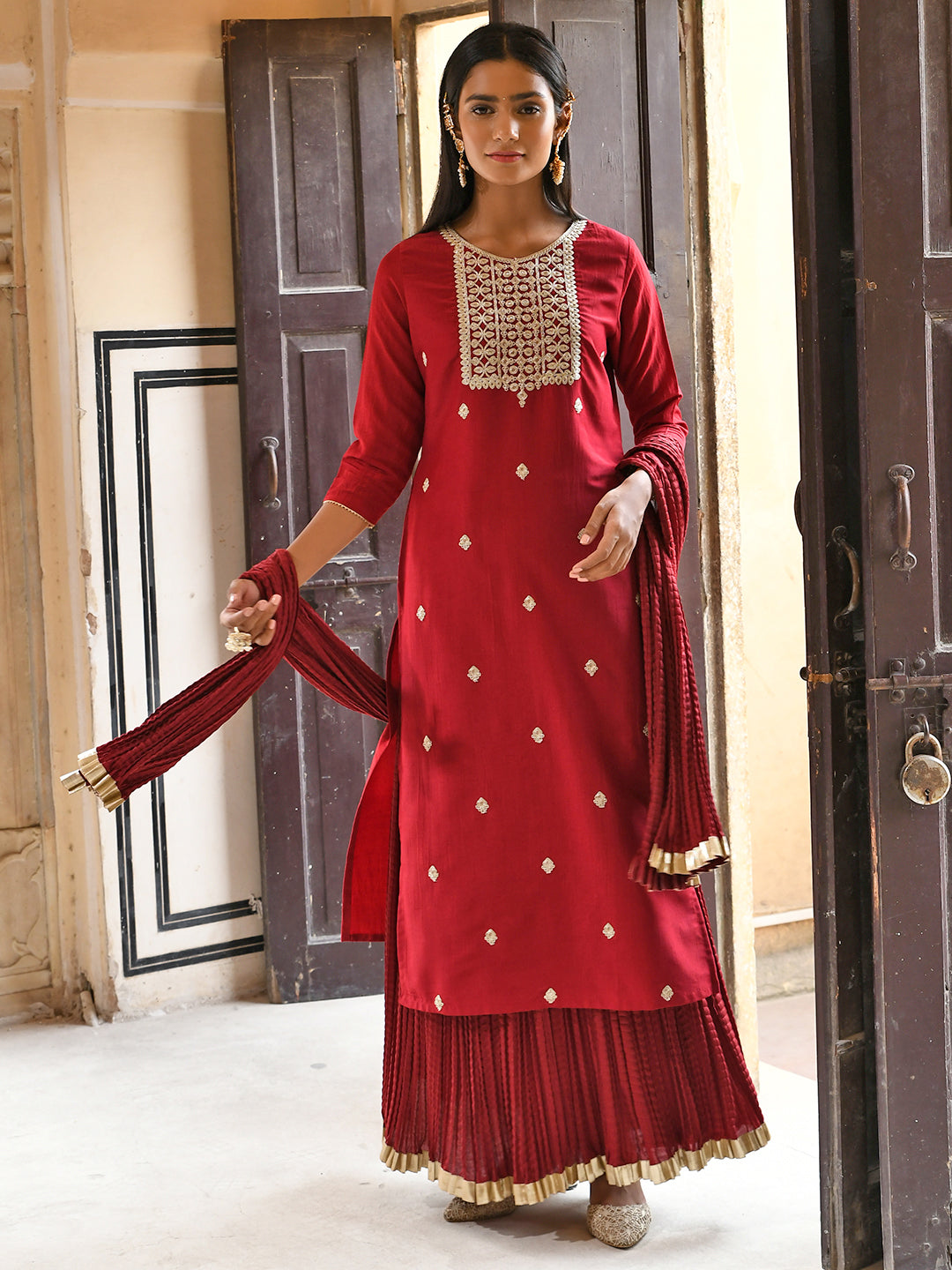 Janasya Women's Maroon Chinon Embroidered Kurta With Skirt And Dupatta - Distacart